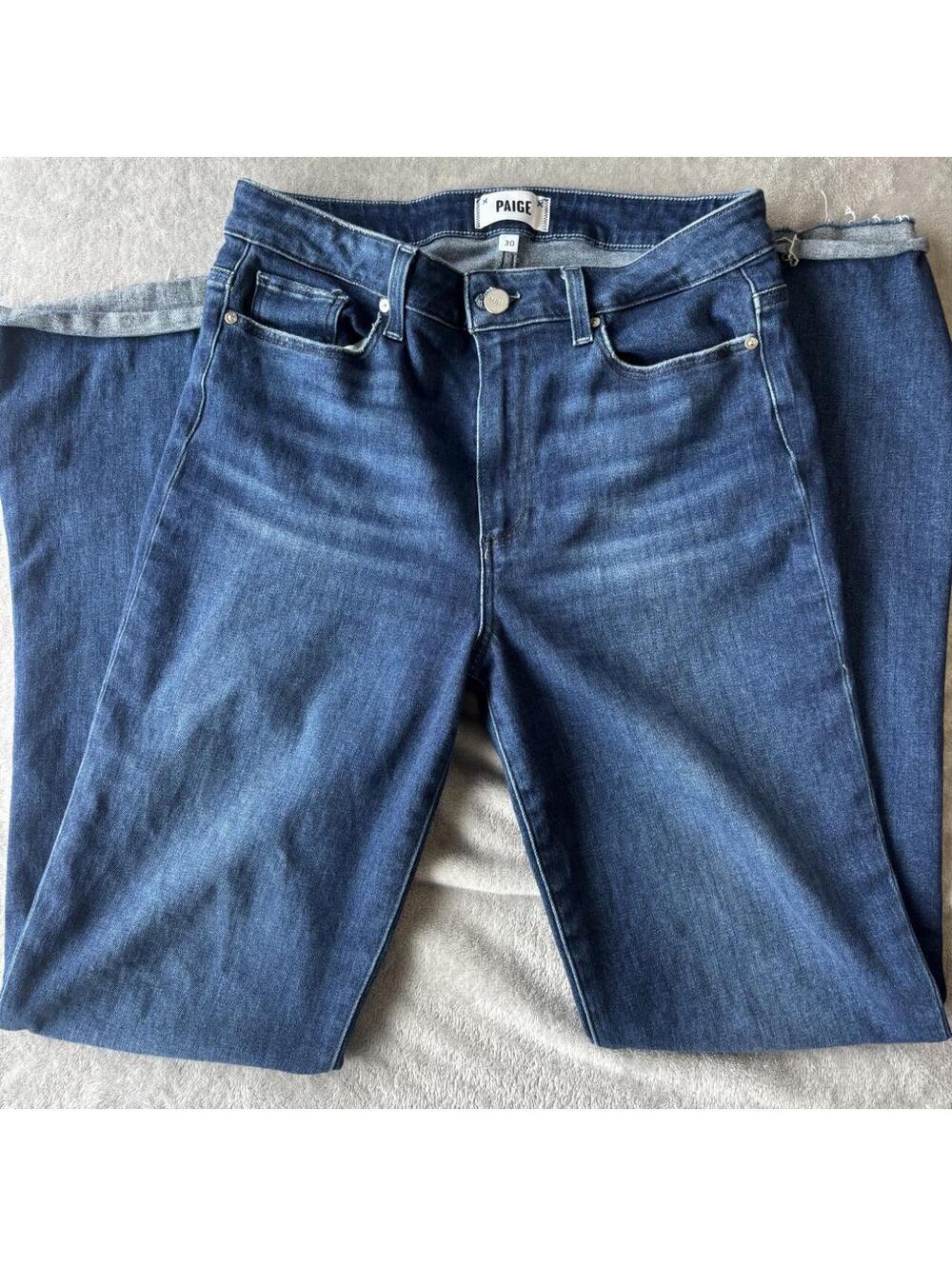 PAIGE High Rise Laurel Canyon Bootcut Jeans Size 30 Dark Wash Raw Hem 30" inseam
